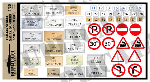 Italian Street Names, Numbers & Traffic Signs - WW2 - 1/35 Scale - Duplicata Productions
